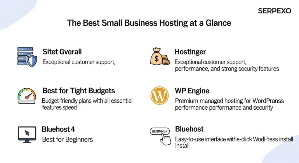 Serpexo quick picks chart showing the best small business hosting providers: SiteGround, Hostinger, WP Engine, and Bluehost with their top features