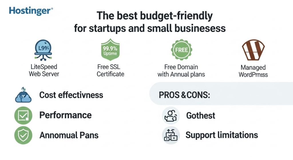 Serpexo infographic showcasing Hostinger as the best budget web hosting for startups, featuring LiteSpeed servers, 99.9% uptime, free SSL, and managed WordPress.